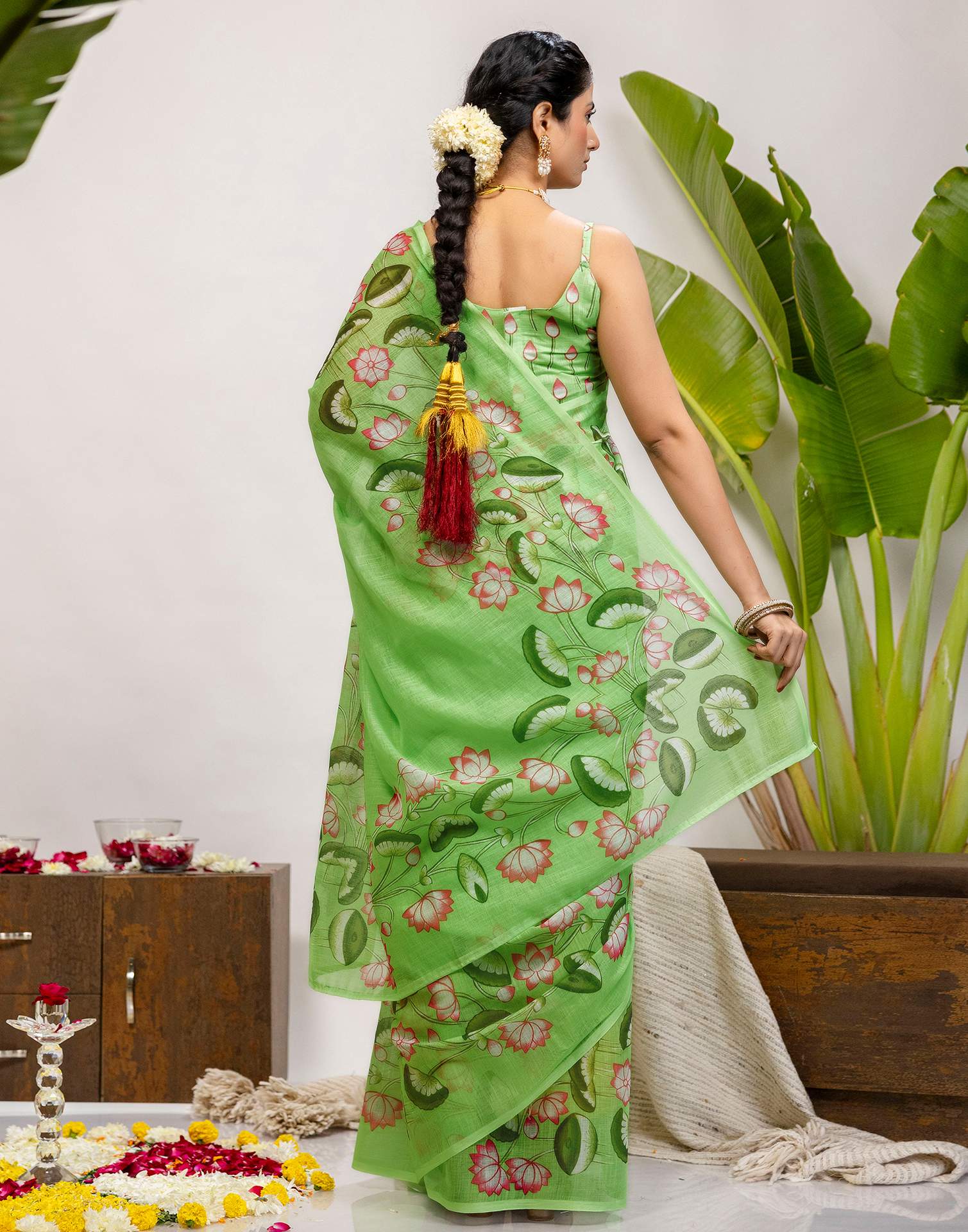 Light Green Cotton Floral Printed Saree