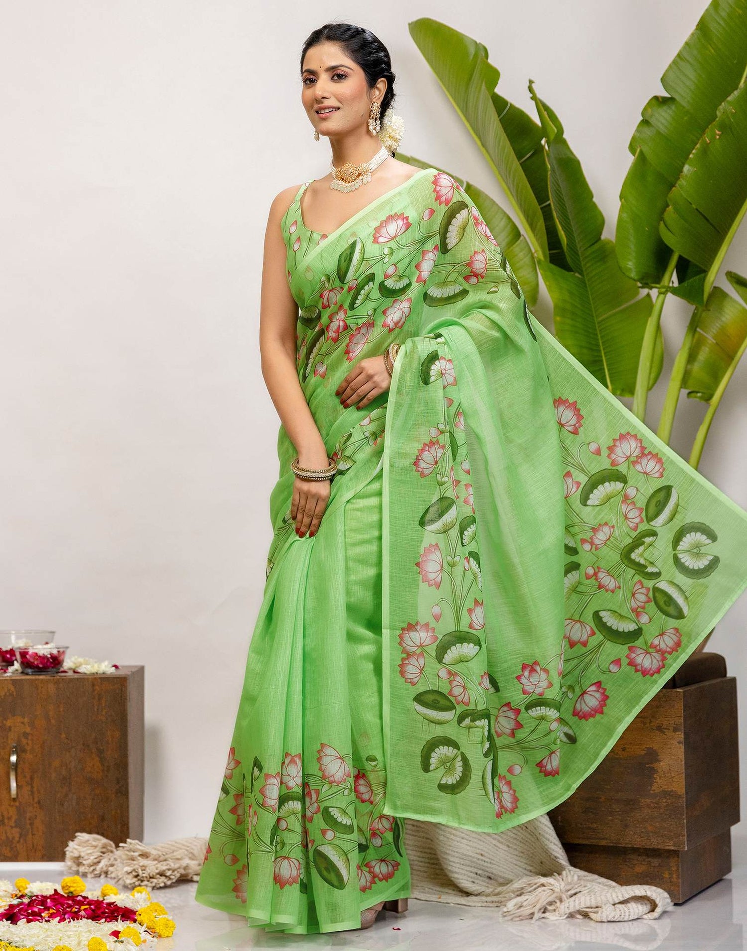 Light Green Cotton Floral Printed Saree