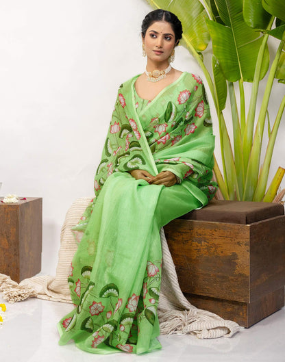 Light Green Cotton Floral Printed Saree
