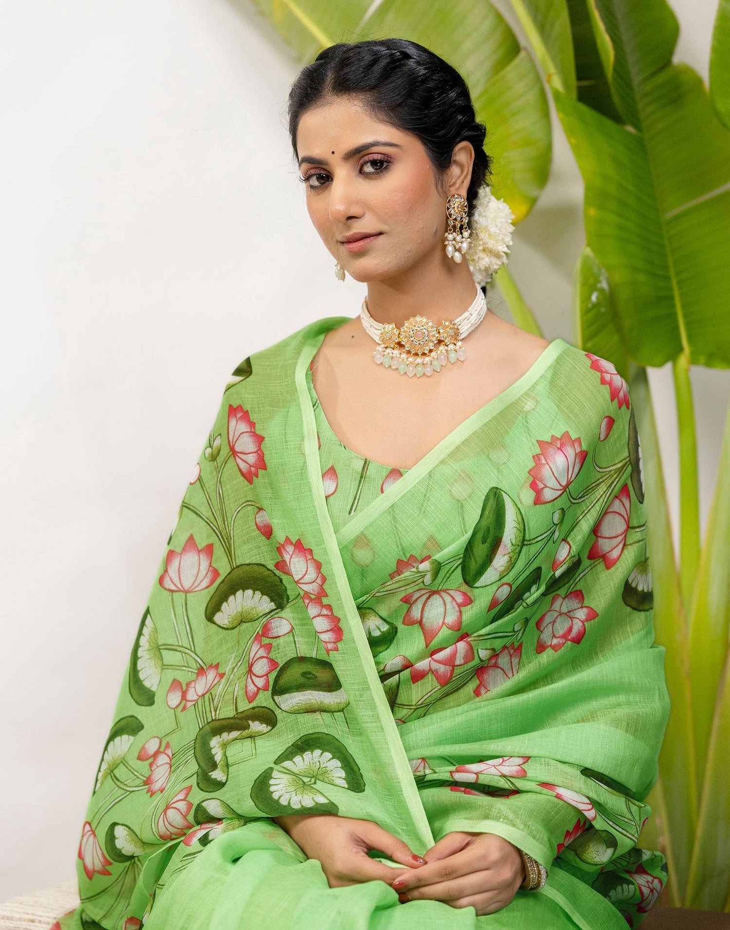 Light Green Cotton Floral Printed Saree
