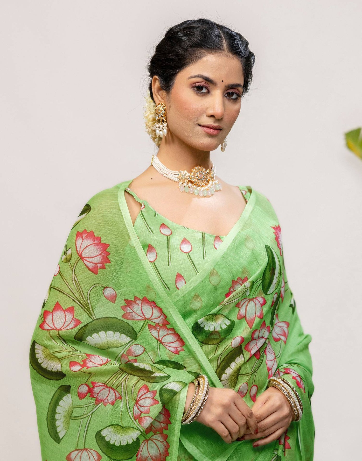 Light Green Cotton Floral Printed Saree