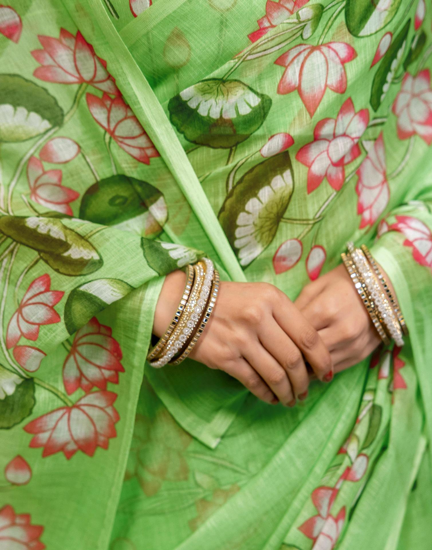 Light Green Cotton Floral Printed Saree