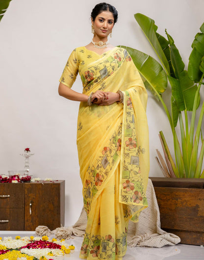 Yellow Cotton Printed Saree