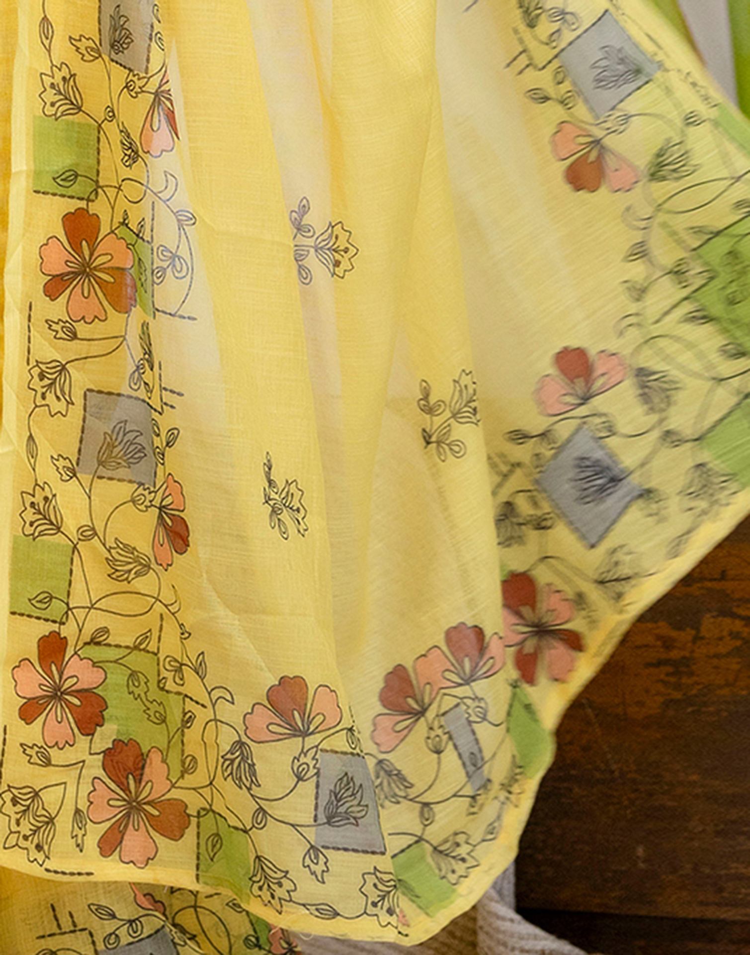Yellow Cotton Printed Saree