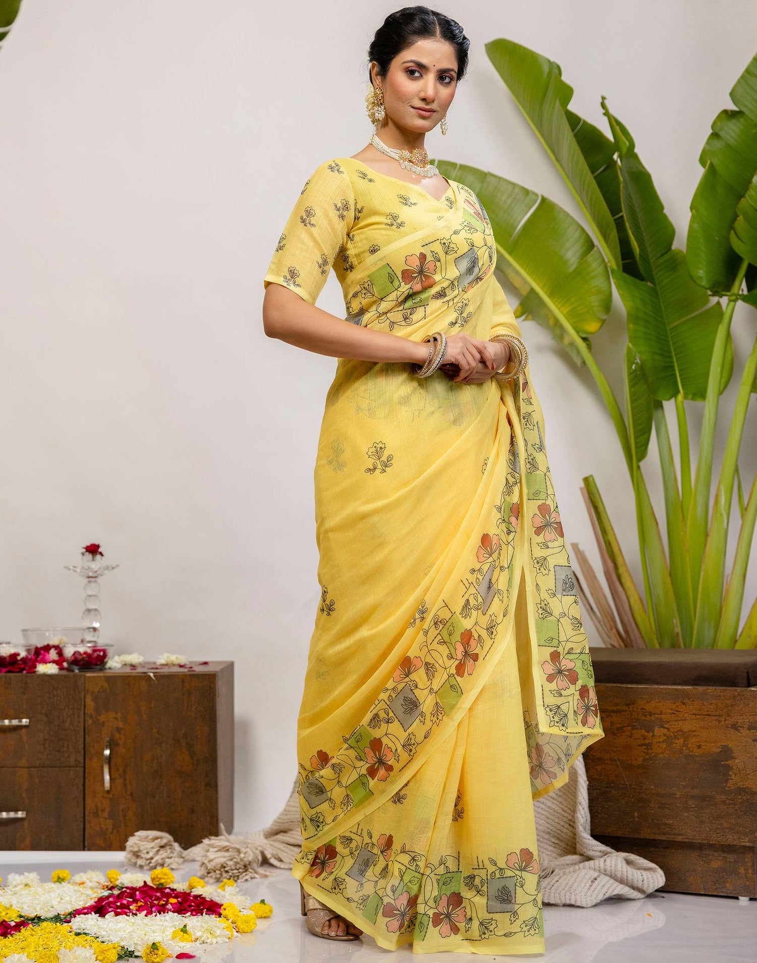 Yellow Cotton Printed Saree