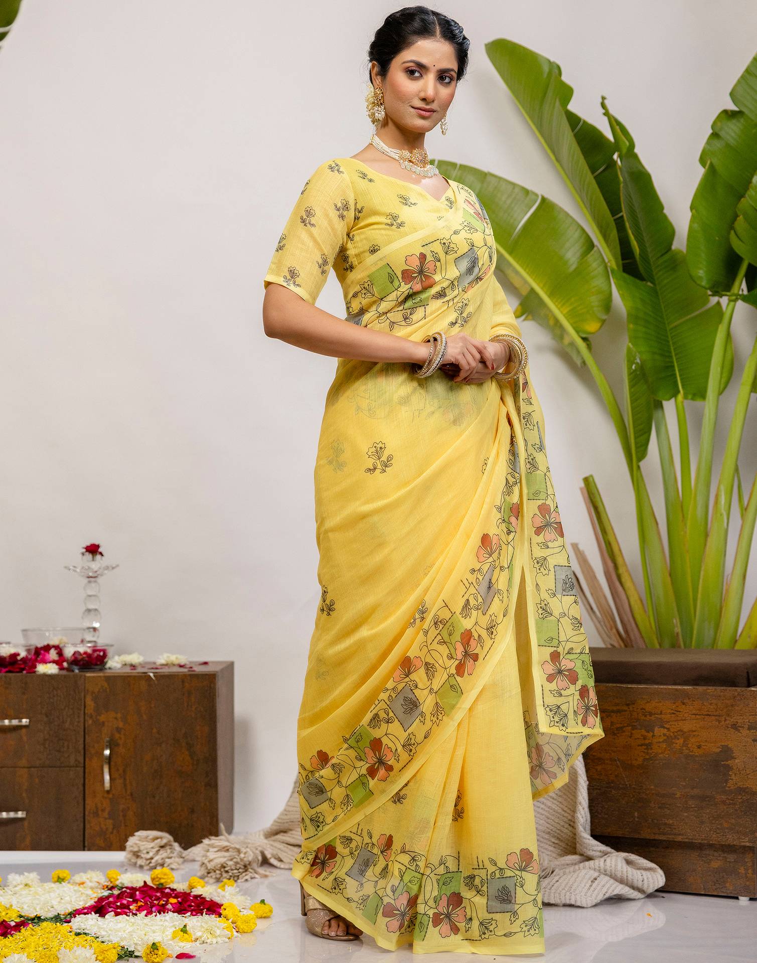 Yellow Cotton Printed Saree