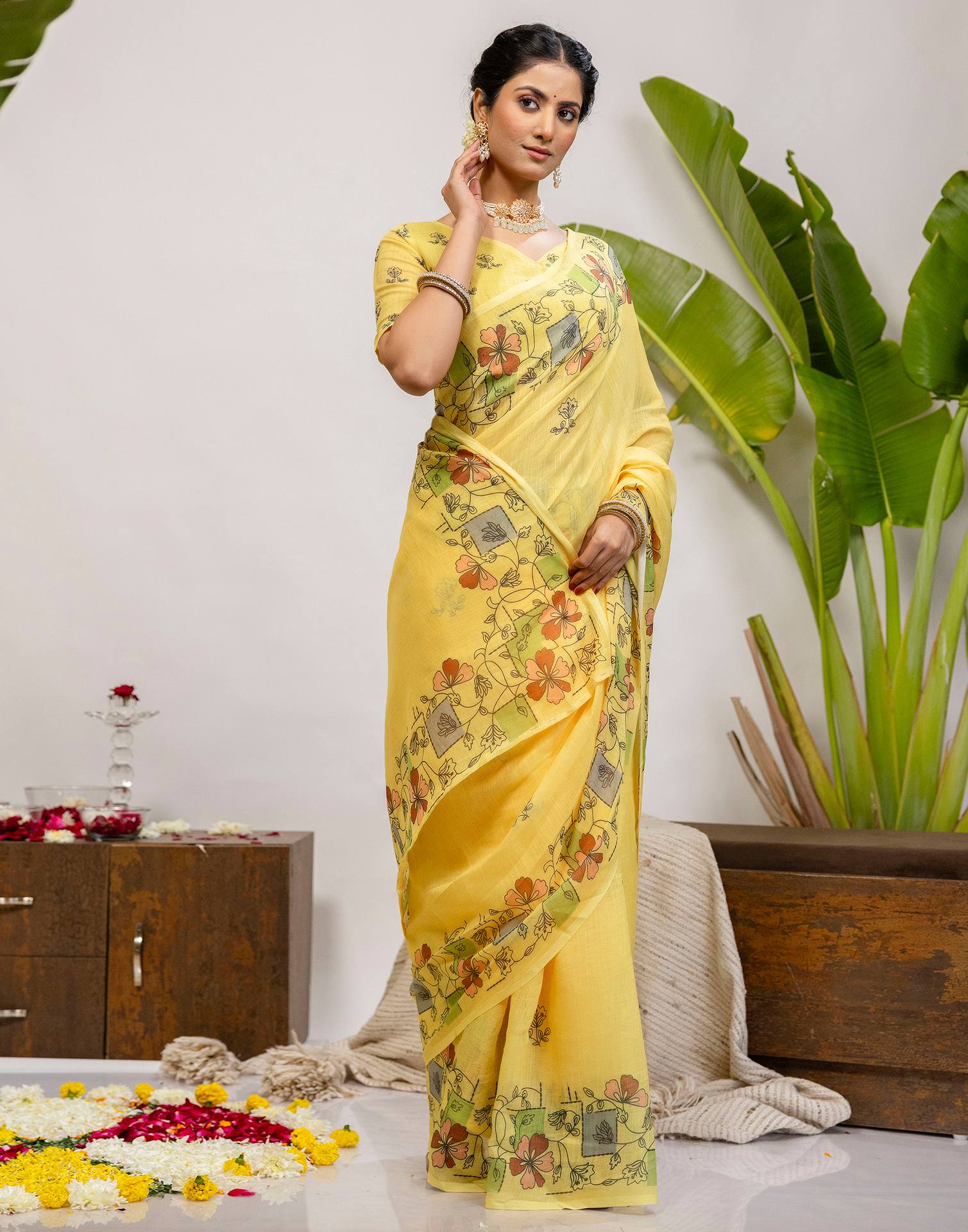 Yellow Cotton Printed Saree