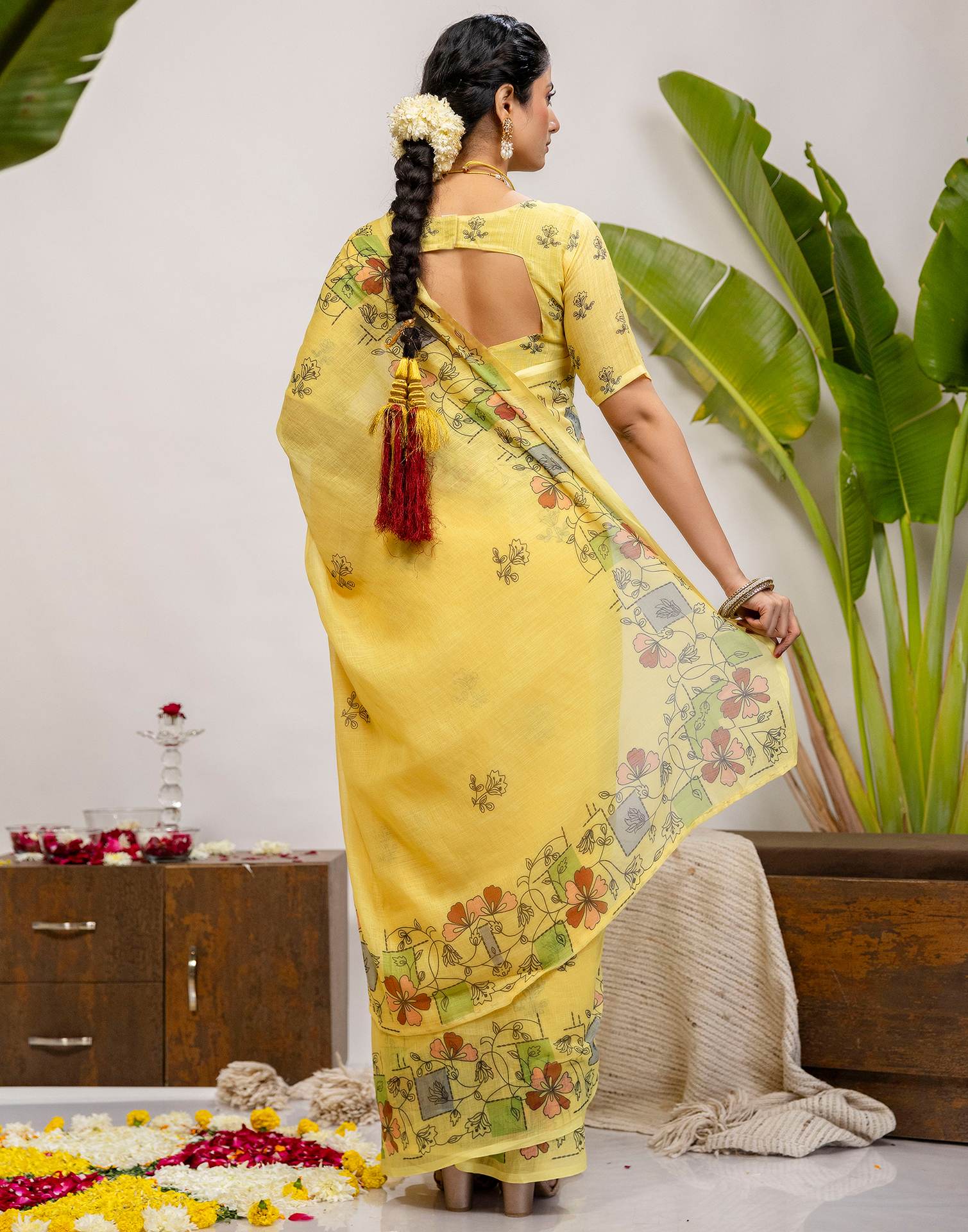 Yellow Cotton Printed Saree