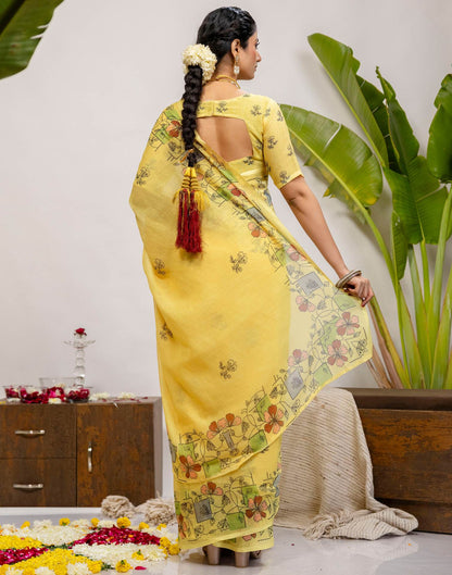 Yellow Cotton Printed Saree