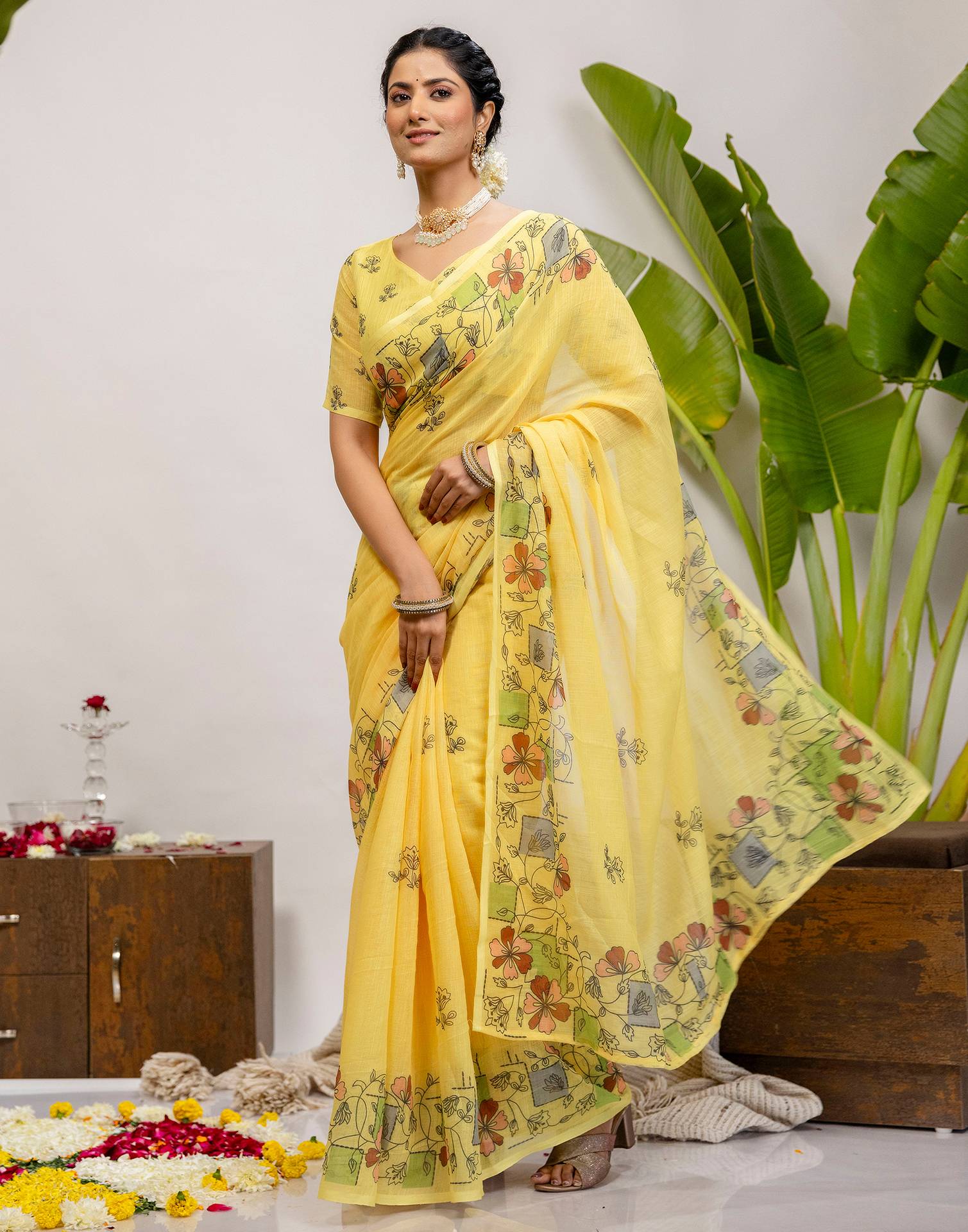 Yellow Cotton Printed Saree