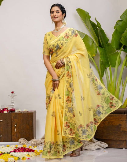 Yellow Cotton Printed Saree