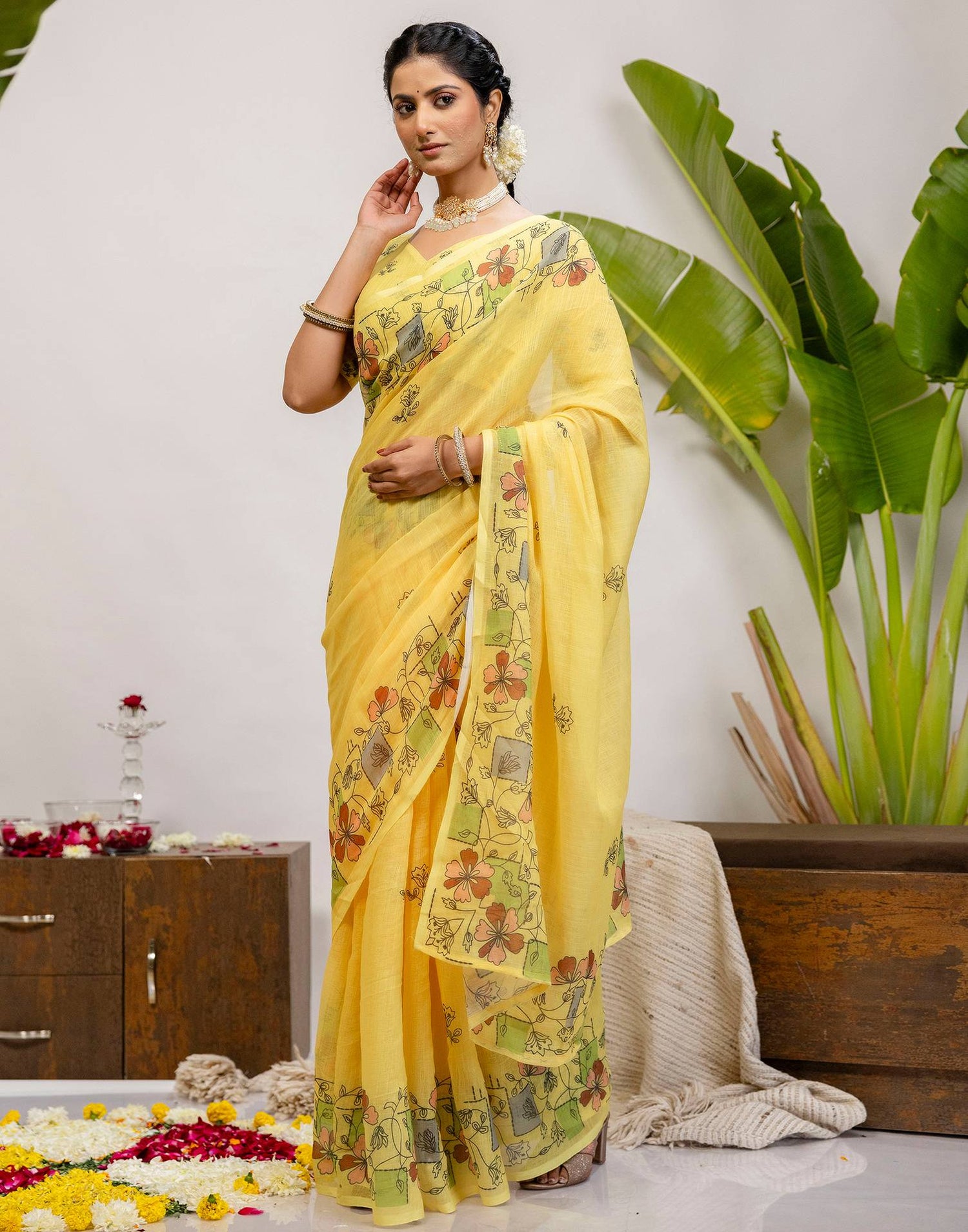 Yellow Cotton Printed Saree