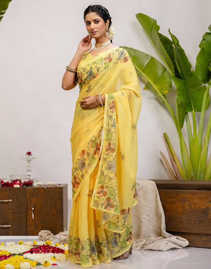 Yellow Cotton Printed Saree
