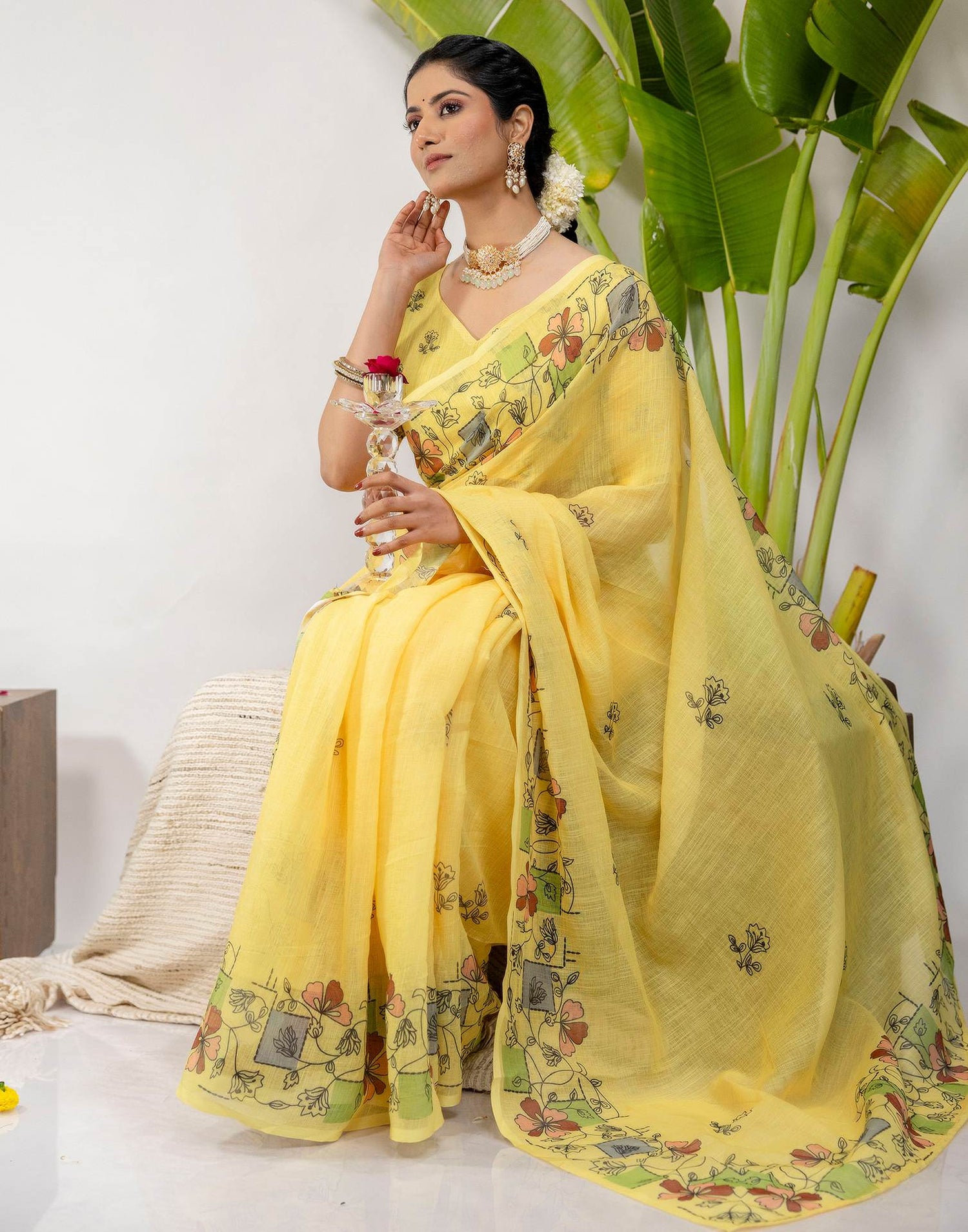 Yellow Cotton Printed Saree