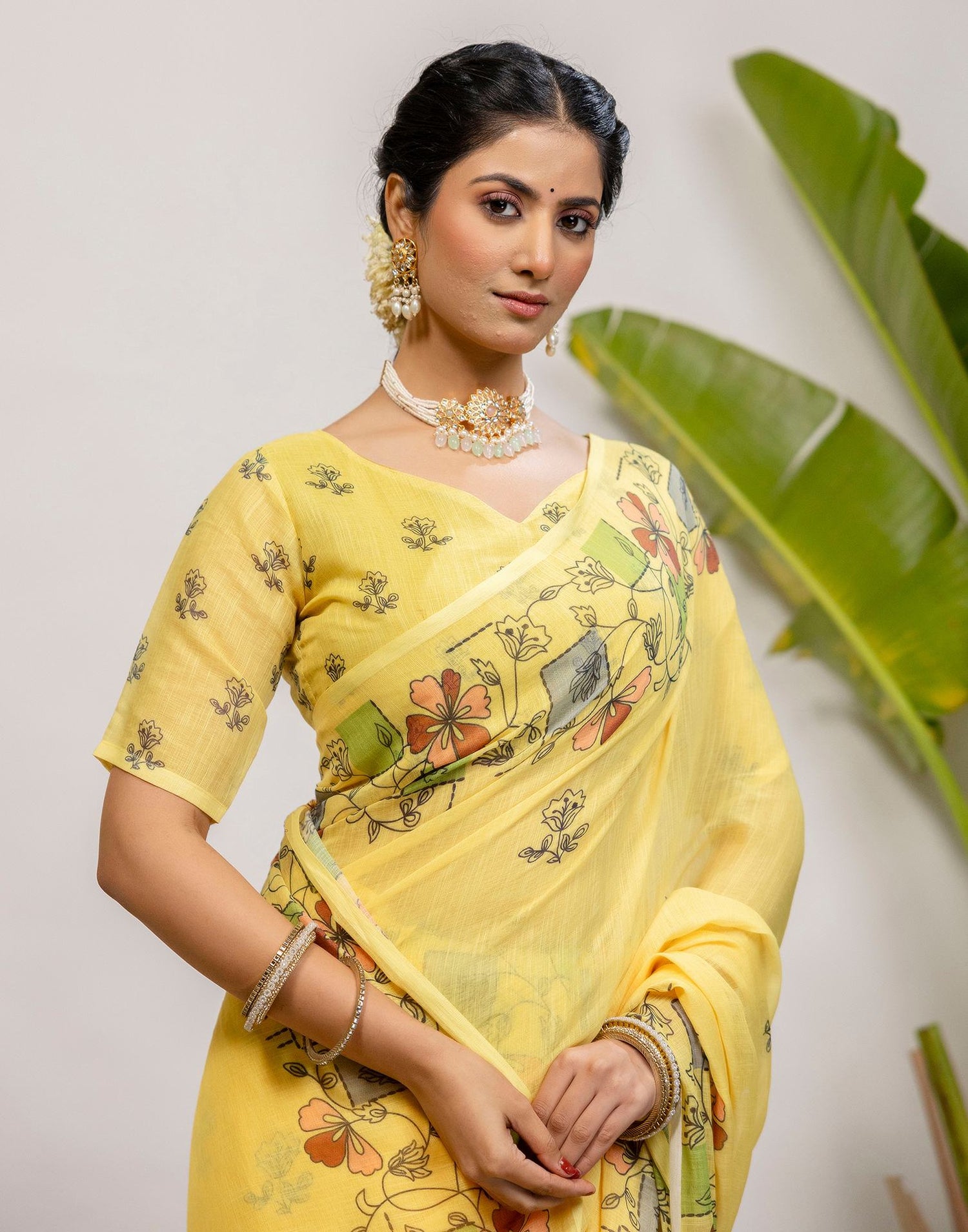 Yellow Cotton Printed Saree