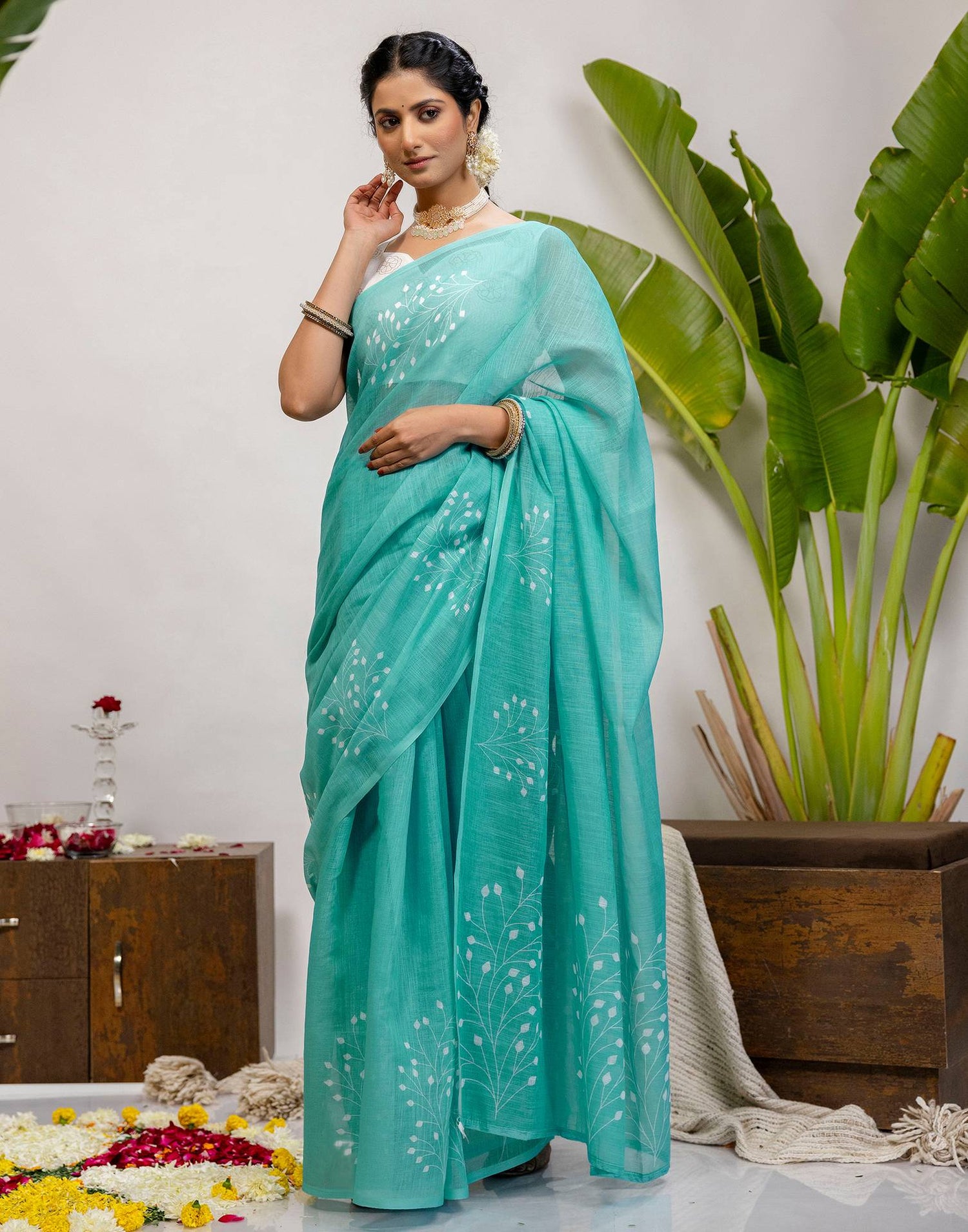 Turquoise Cotton Printed Saree