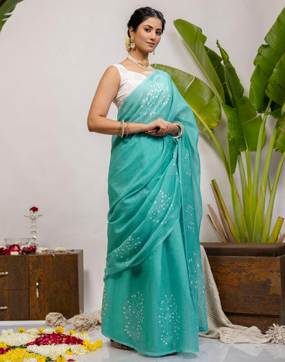 Turquoise Cotton Printed Saree