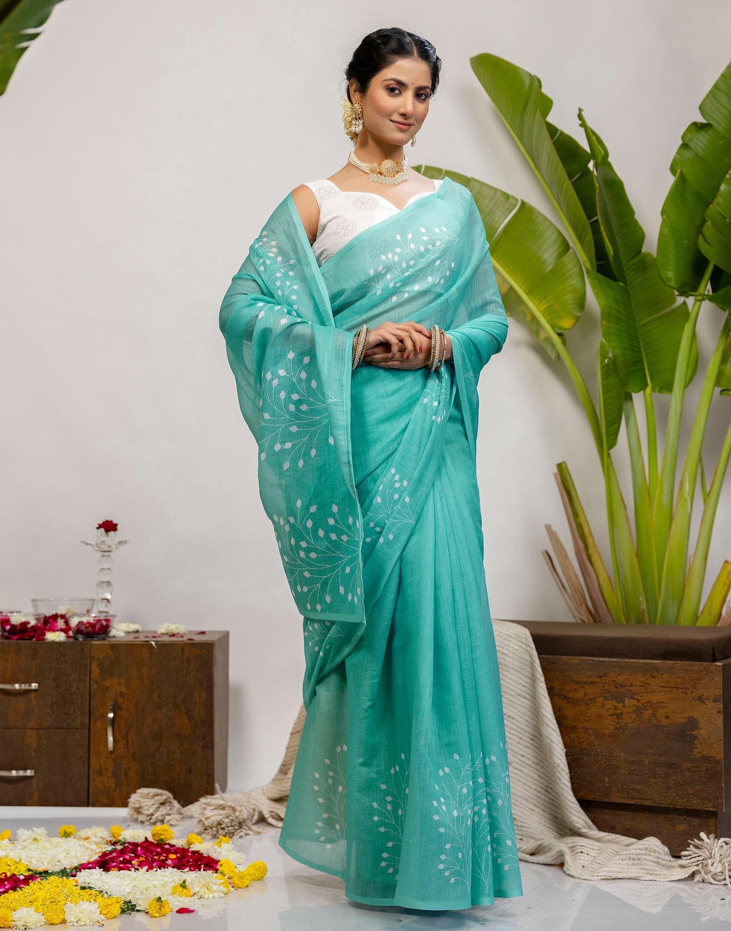 Turquoise Cotton Printed Saree