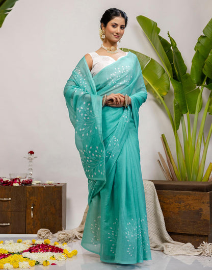 Turquoise Cotton Printed Saree