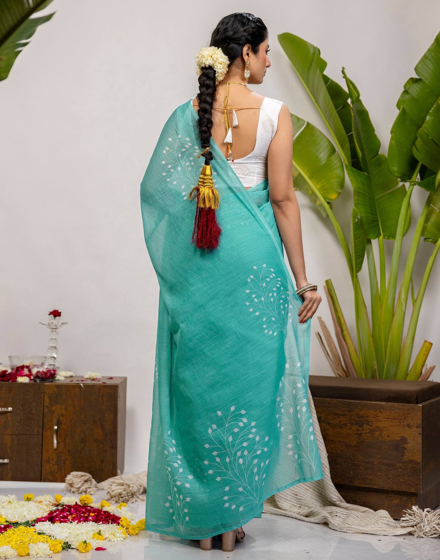 Turquoise Cotton Printed Saree