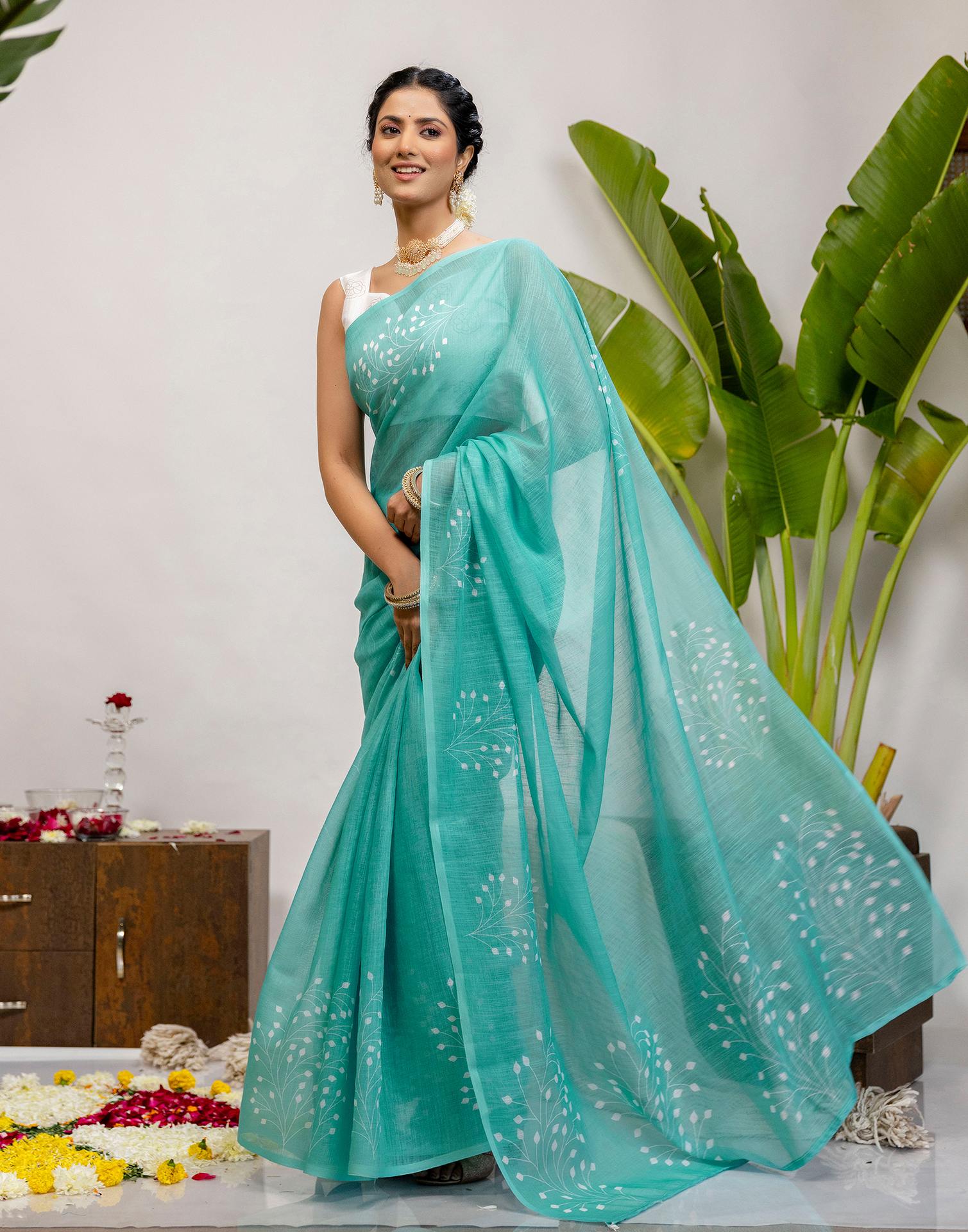 Turquoise Cotton Printed Saree