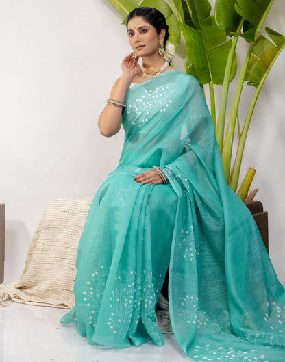 Turquoise Cotton Printed Saree