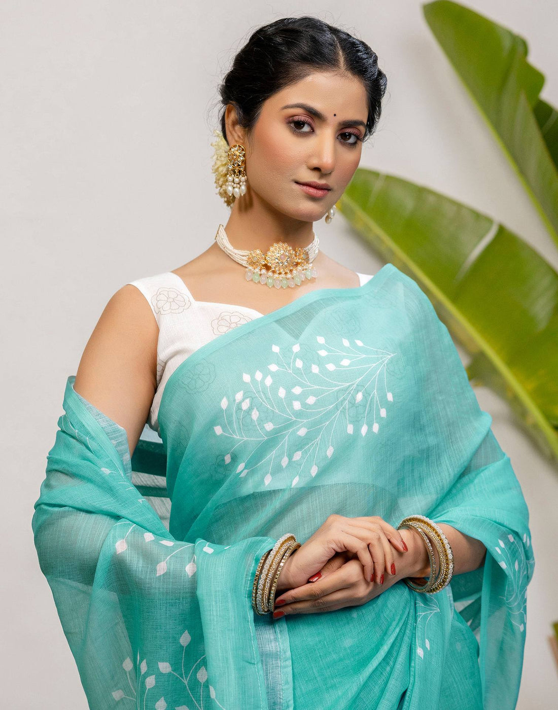 Turquoise Cotton Printed Saree