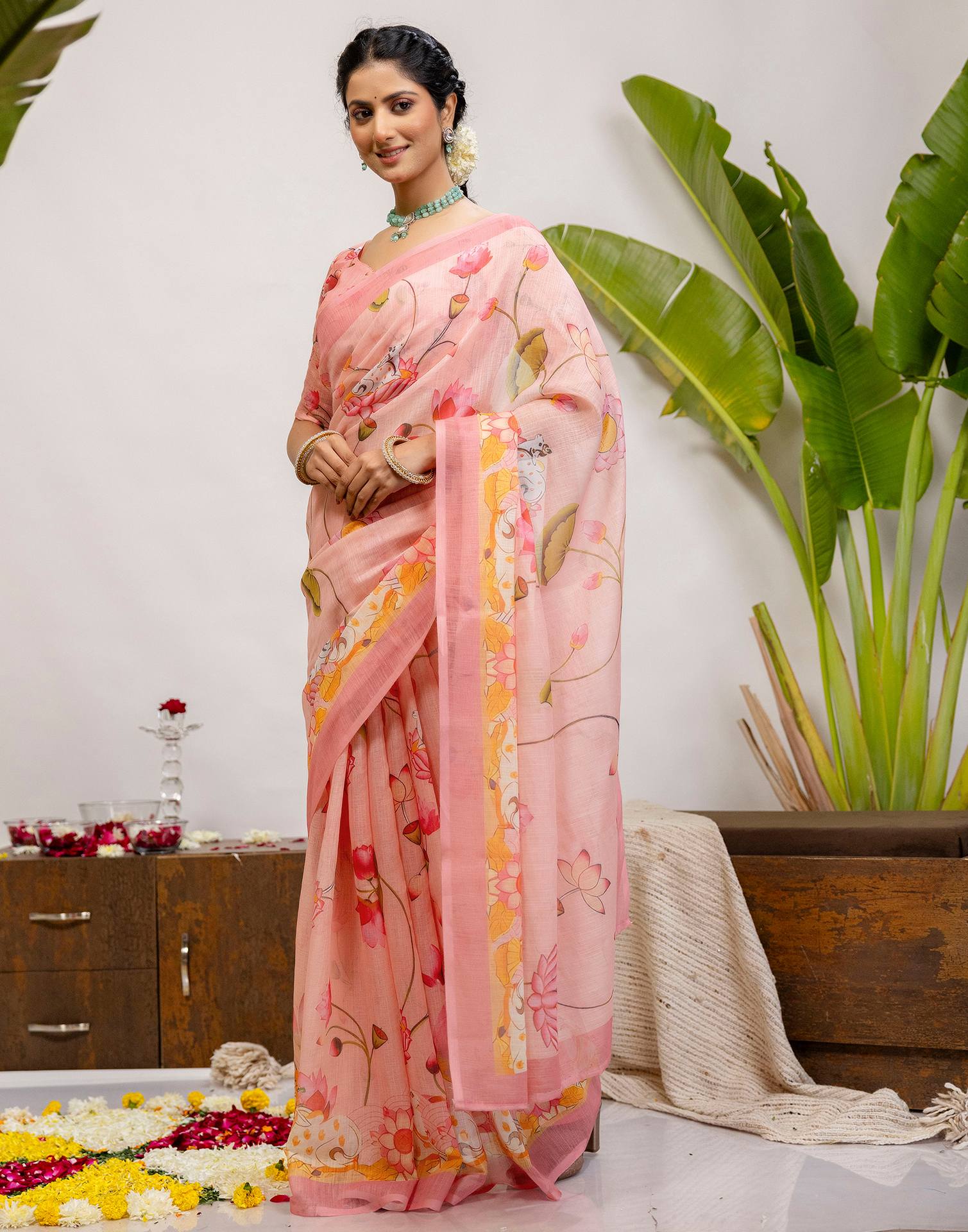 Light Pink Cotton Floral Printed Saree