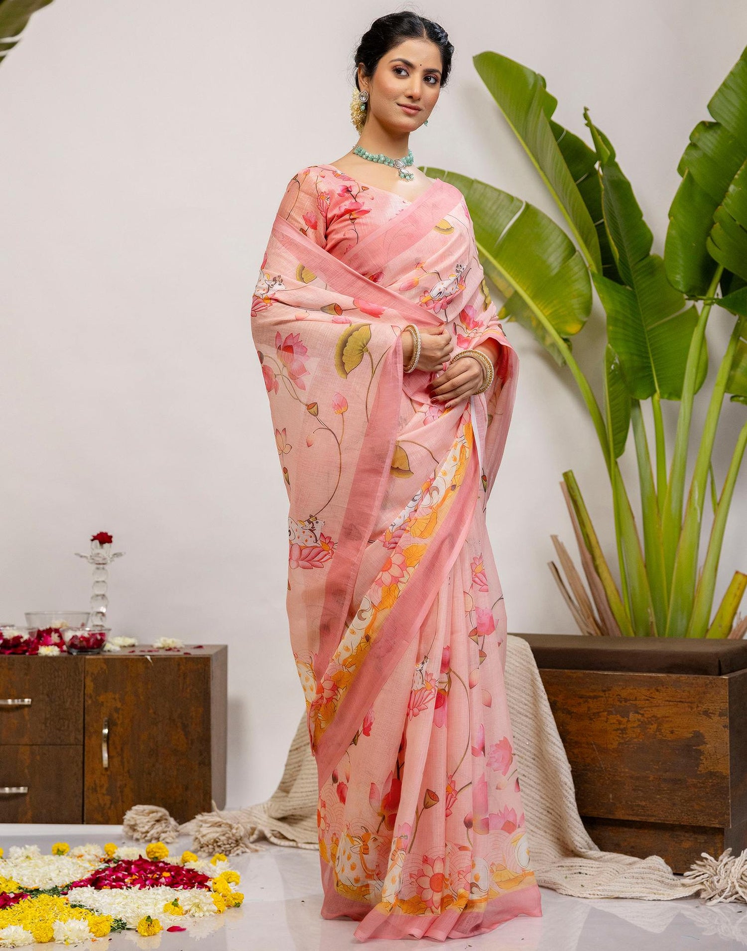 Light Pink Cotton Floral Printed Saree