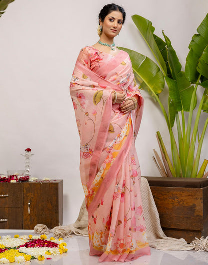 Light Pink Cotton Floral Printed Saree