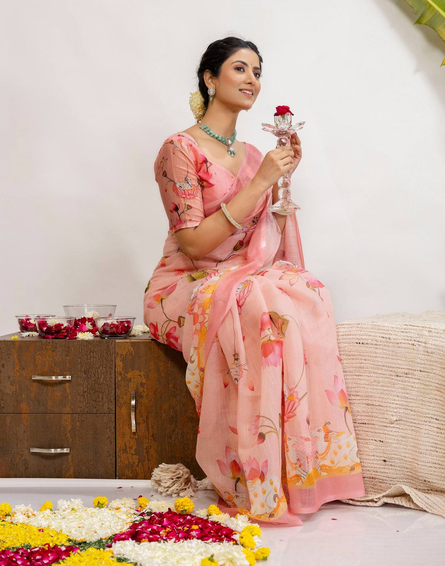 Light Pink Cotton Floral Printed Saree