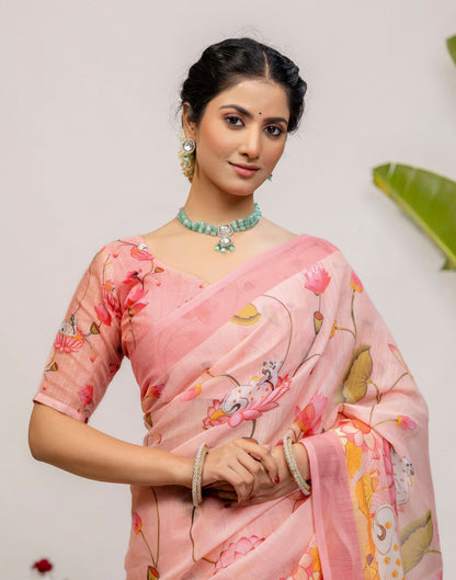 Light Pink Cotton Floral Printed Saree