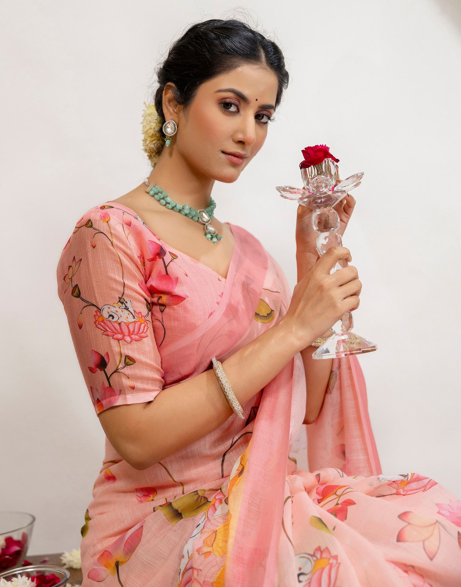 Light Pink Cotton Floral Printed Saree