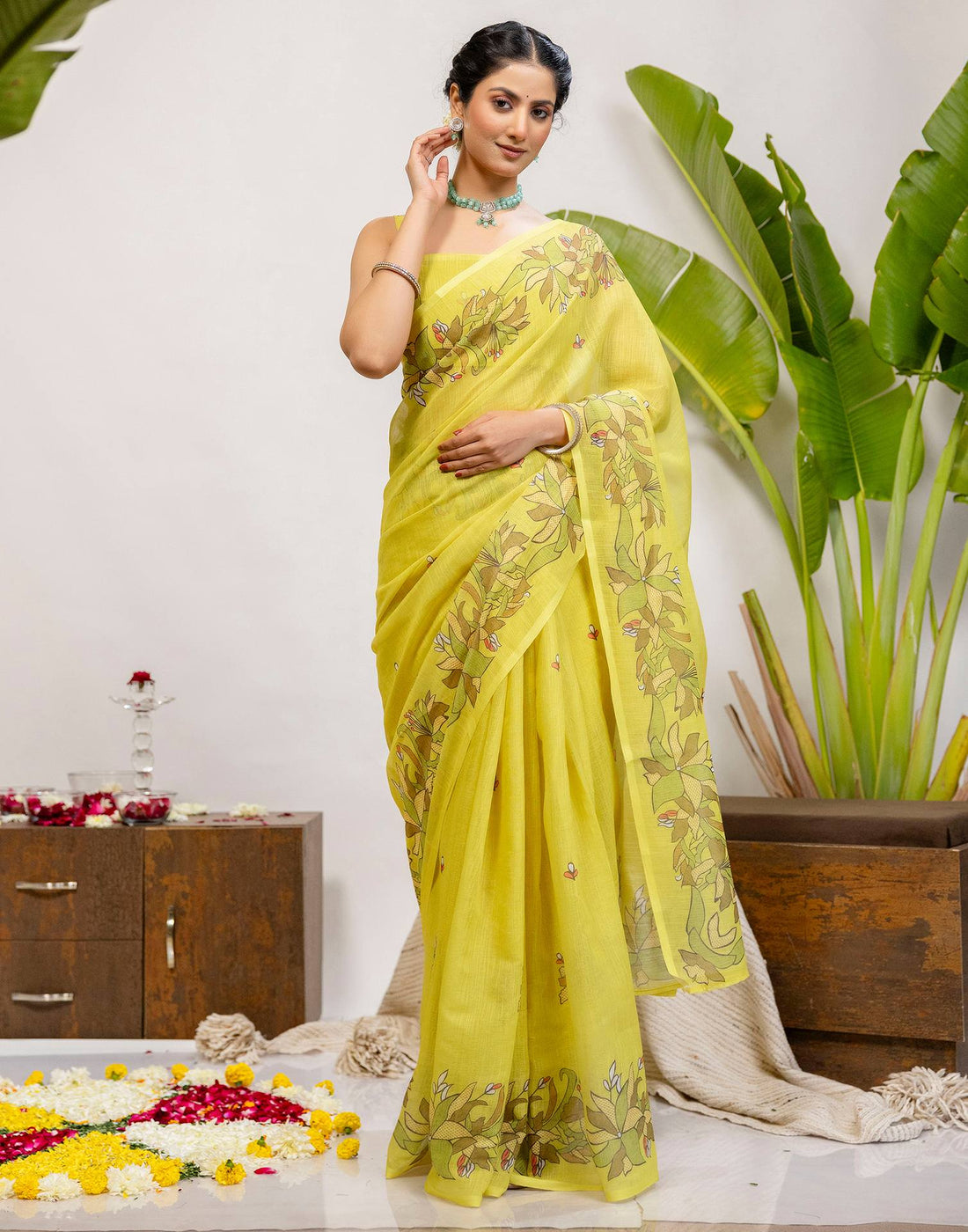 Lime Yellow Cotton Printed Saree