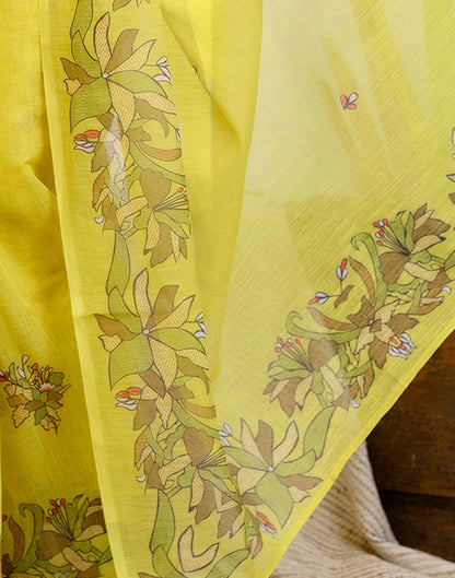 Lime Yellow Cotton Printed Saree