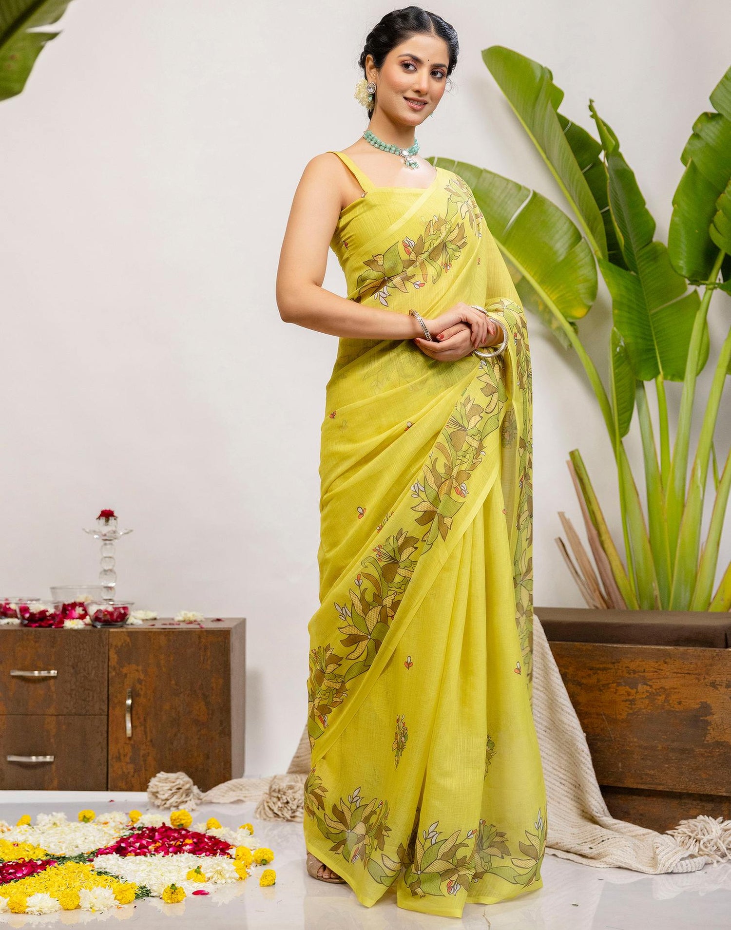 Lime Yellow Cotton Printed Saree