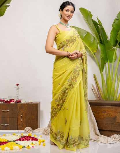 Lime Yellow Cotton Printed Saree