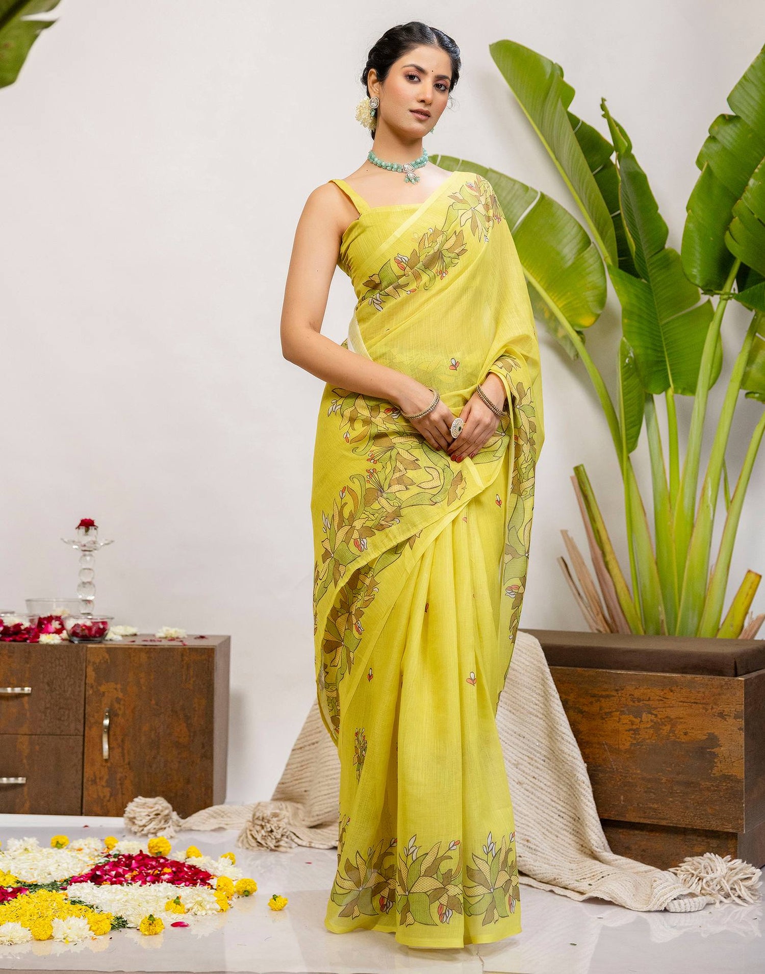 Lime Yellow Cotton Printed Saree