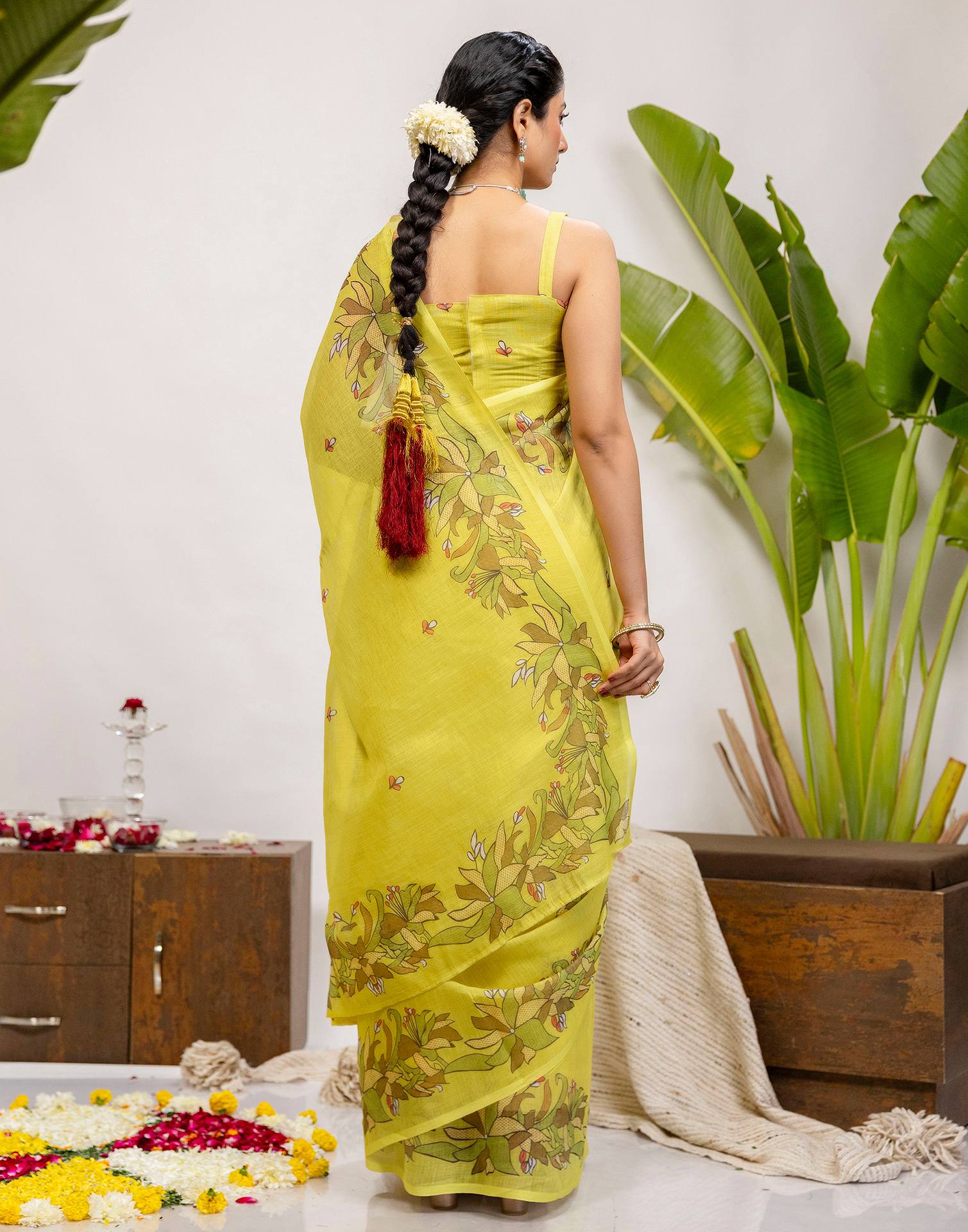Lime Yellow Cotton Printed Saree