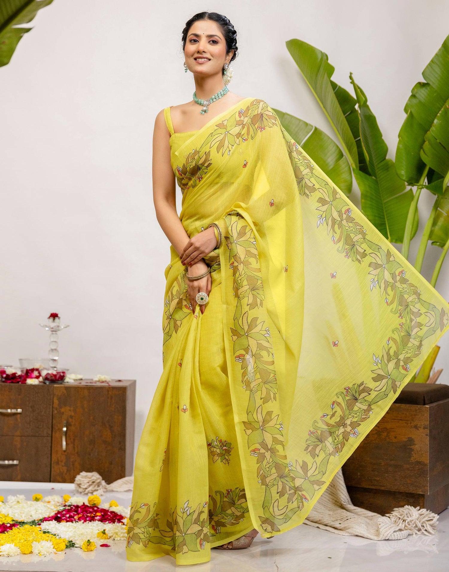 Lime Yellow Cotton Printed Saree