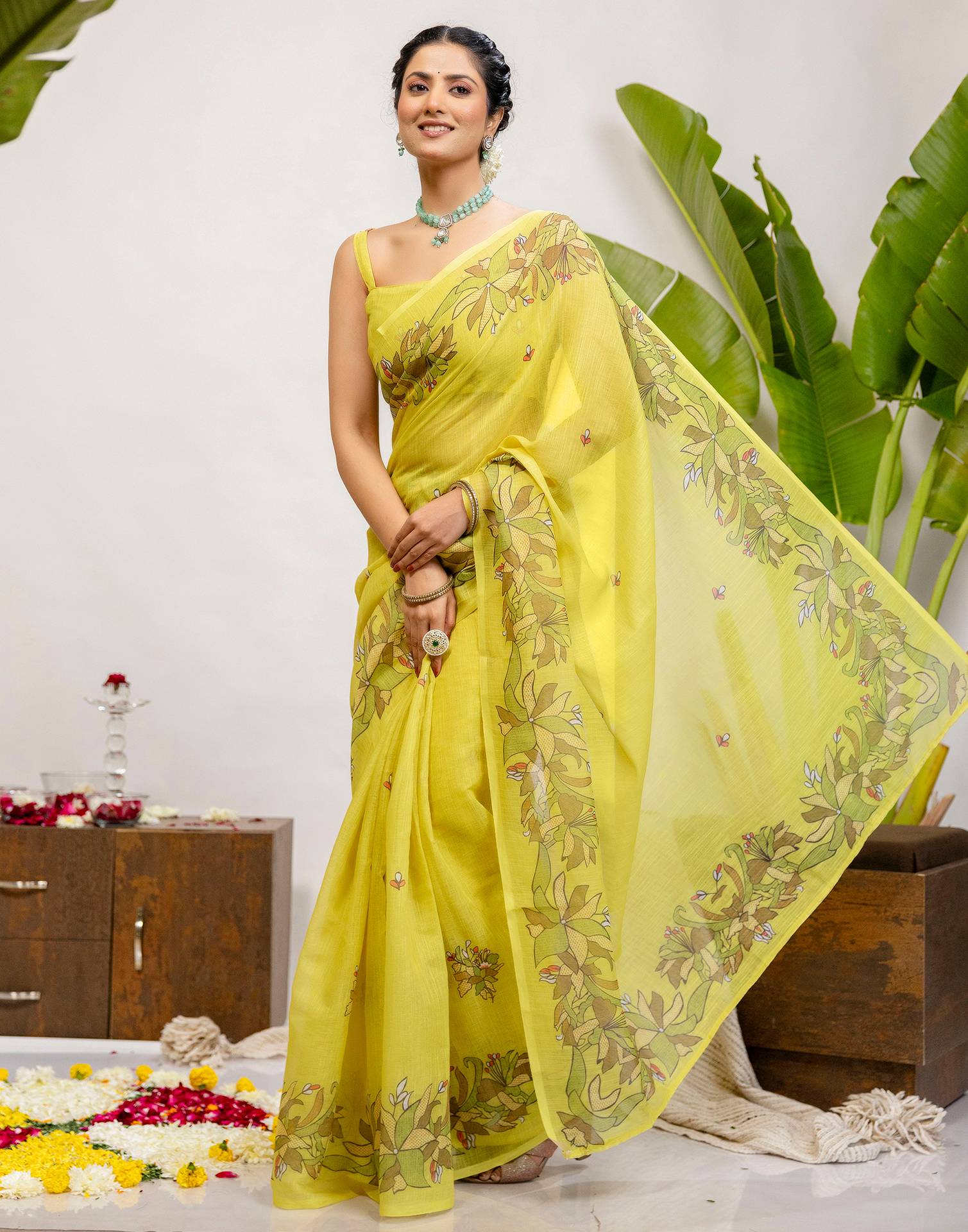 Lime Yellow Cotton Printed Saree