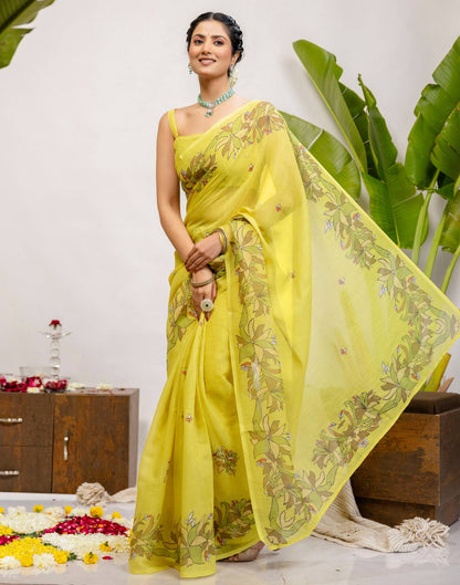 Lime Yellow Cotton Printed Saree