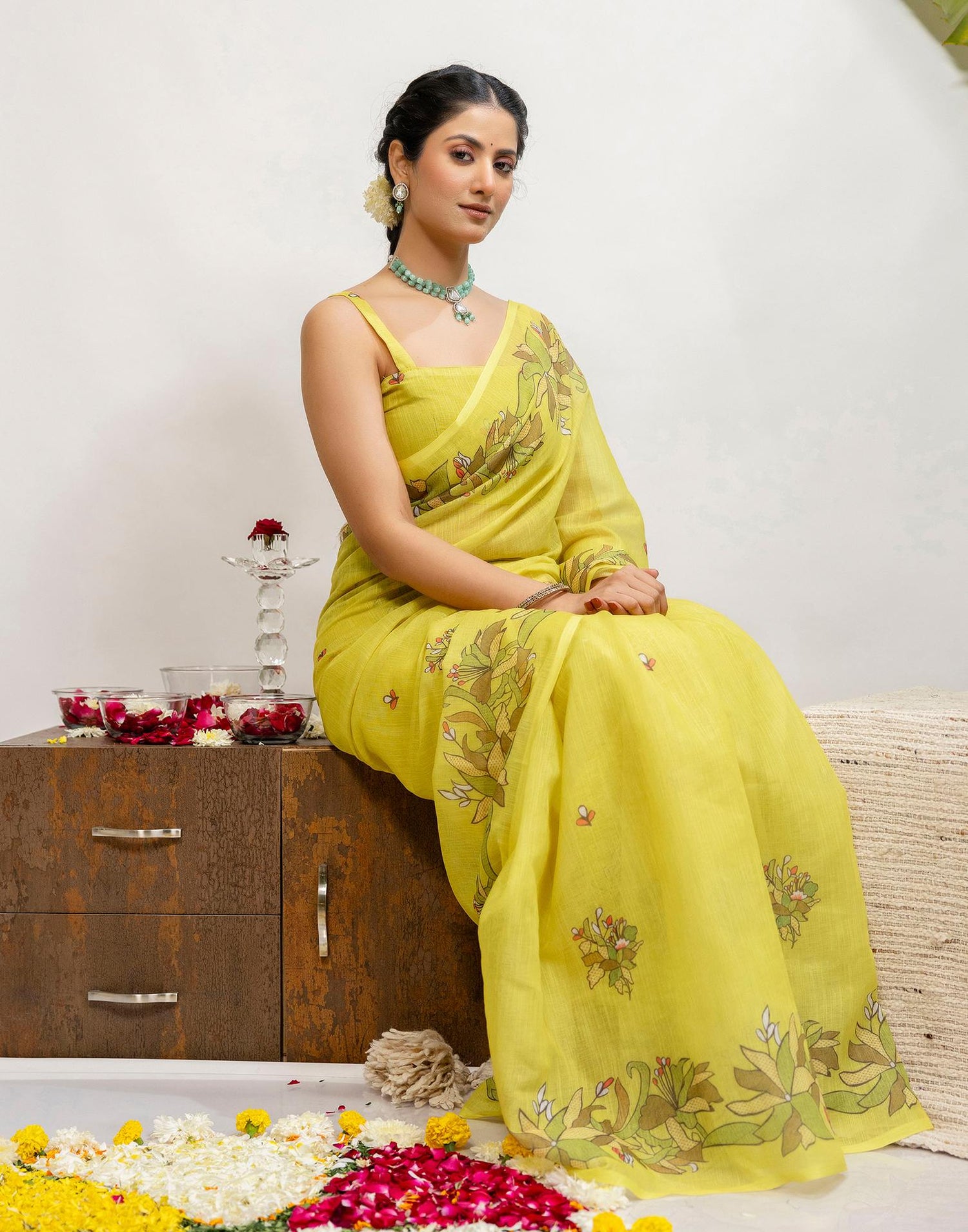 Lime Yellow Cotton Printed Saree