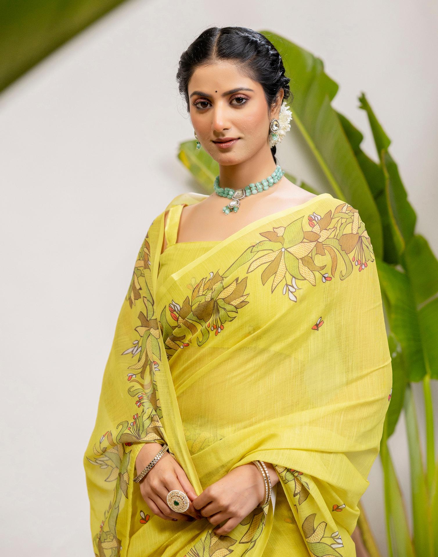 Lime Yellow Cotton Printed Saree