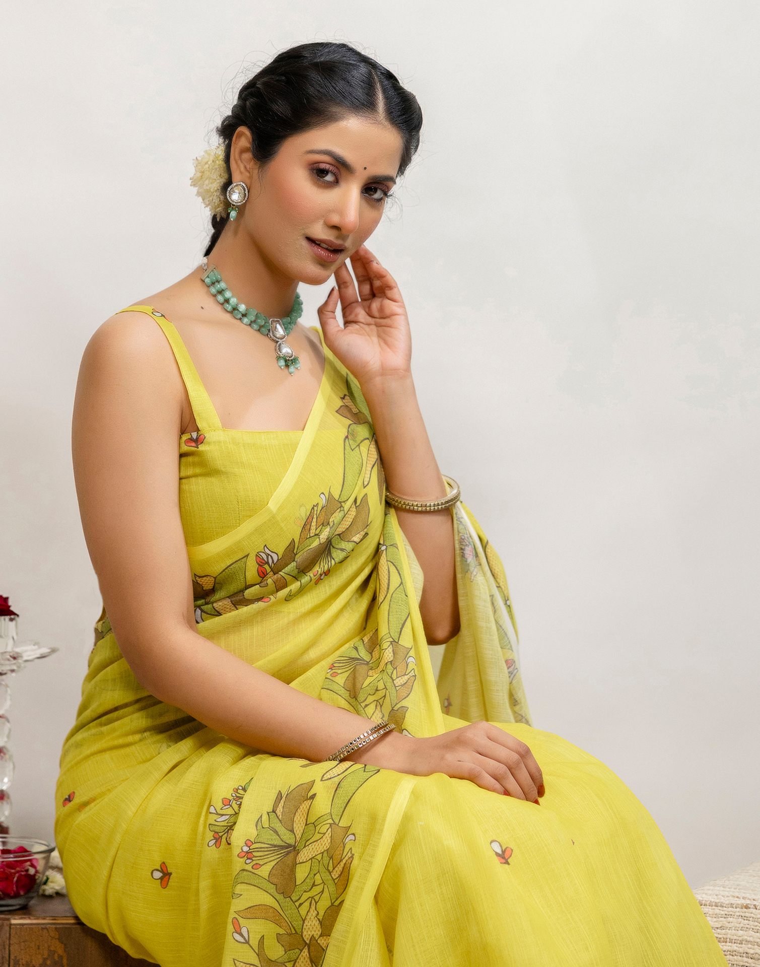 Lime Yellow Cotton Printed Saree