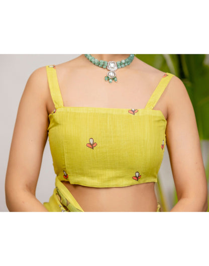 Lime Yellow Cotton Printed Saree