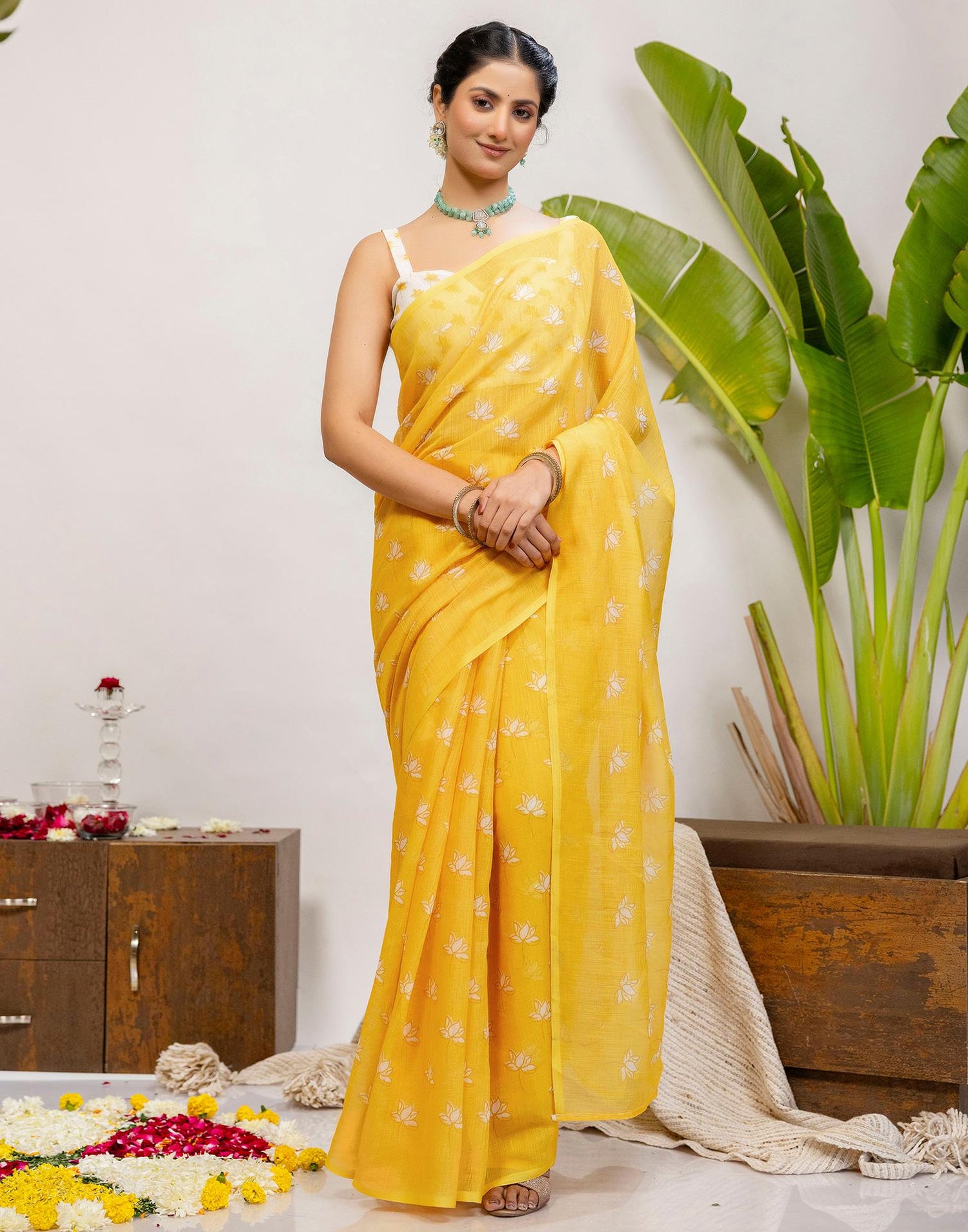 Yellow Cotton Printed Saree