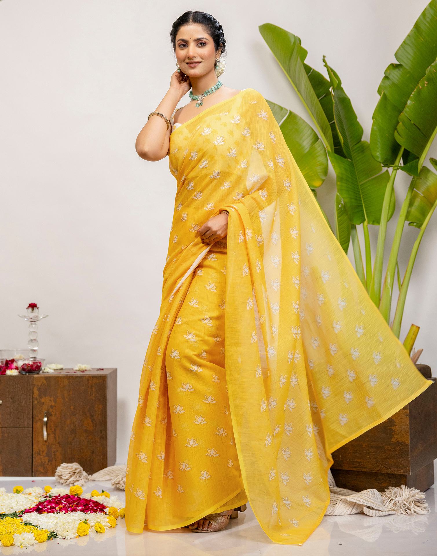 Yellow Cotton Printed Saree