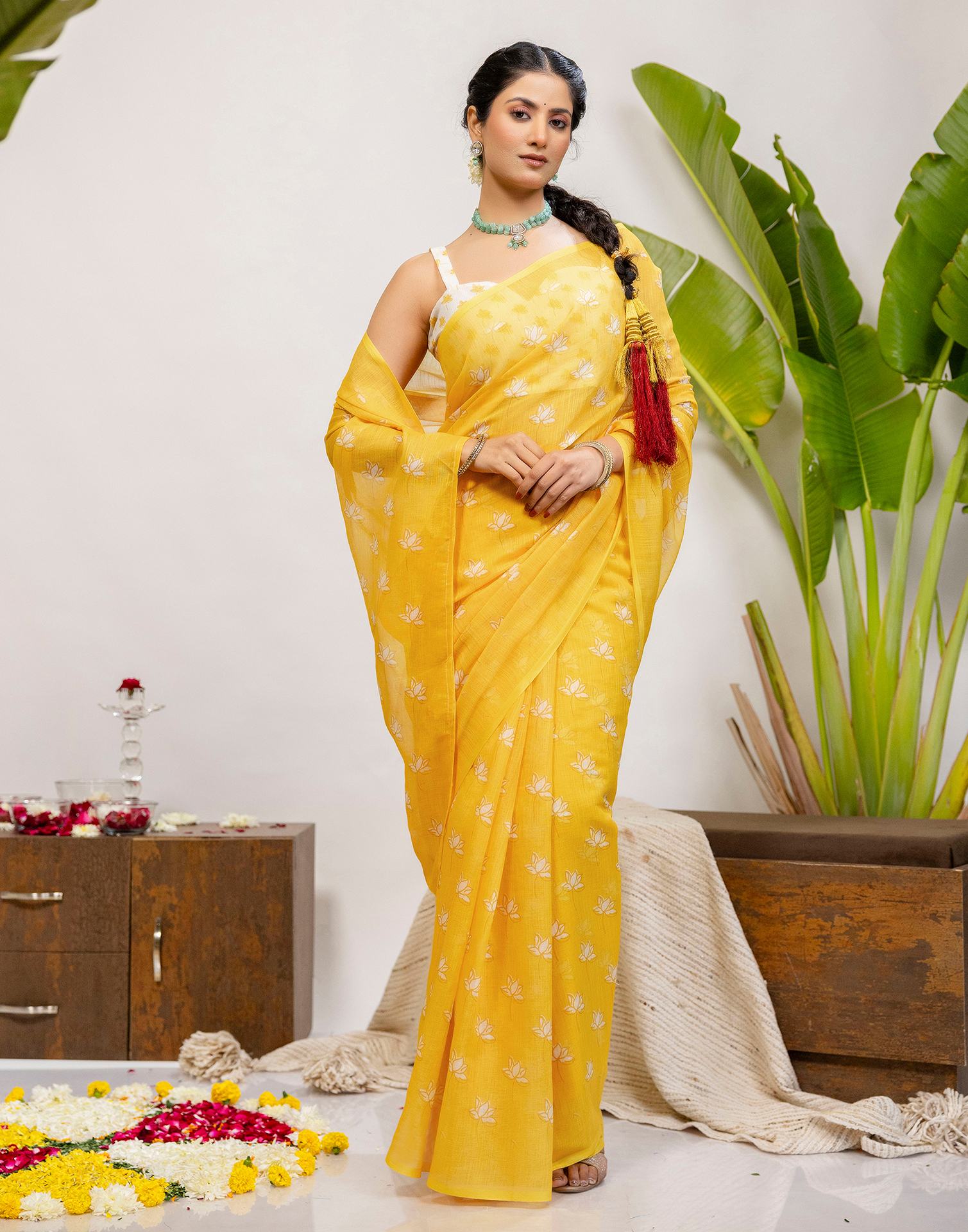 Yellow Cotton Printed Saree