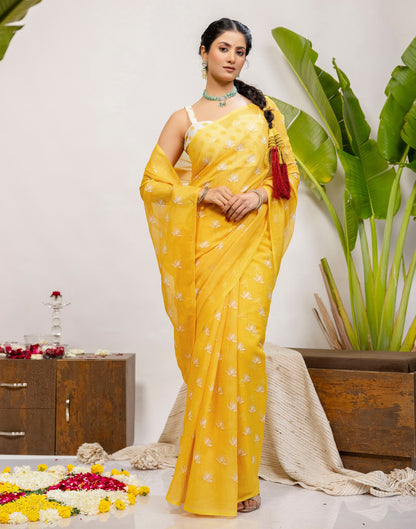 Yellow Cotton Printed Saree